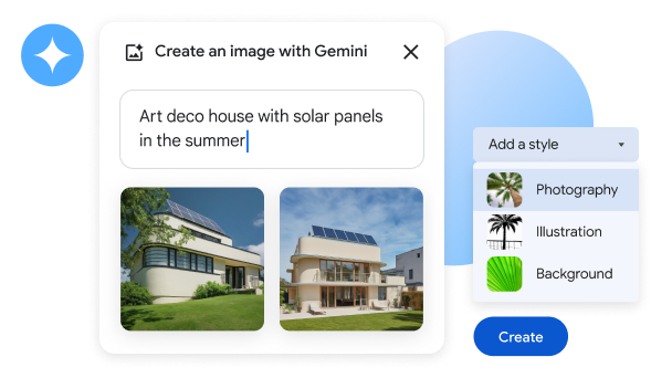 De functie Help me met visualiseren in Gemini wordt gebruikt om 4 afbeeldingen van art-deco-huizen met zonnepanelen op het dak te tonen. 