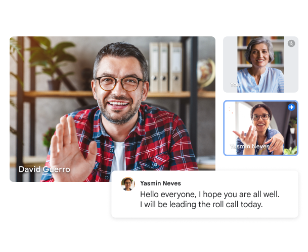 مكالمة فيديو في Google Meet تضم ثلاثة مستخدمين، ويظهر النص التلقائي "مرحبًا، آمل أنّكم جميعًا بخير. سأدوّن الحضور والغياب في مكالمة اليوم." 
