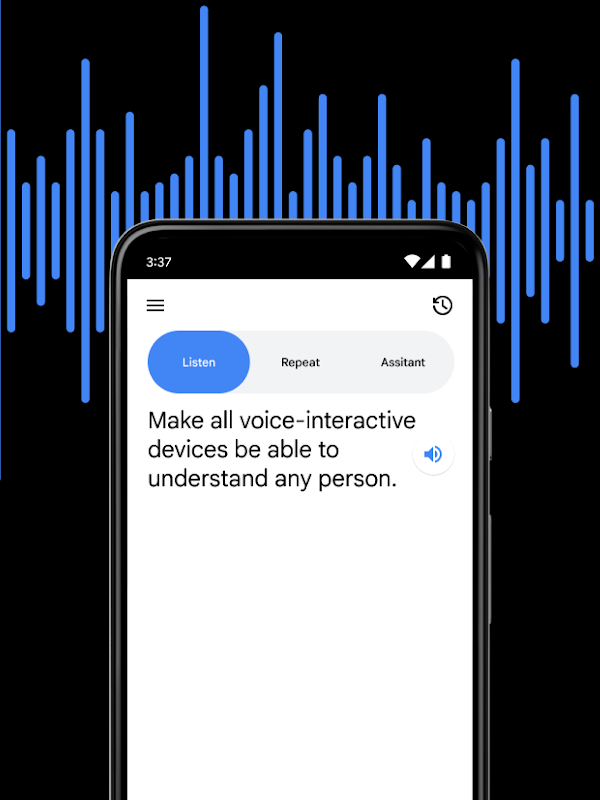 Un teléfono inteligente muestra opciones de asistencia por voz con ondas sonoras de fondo