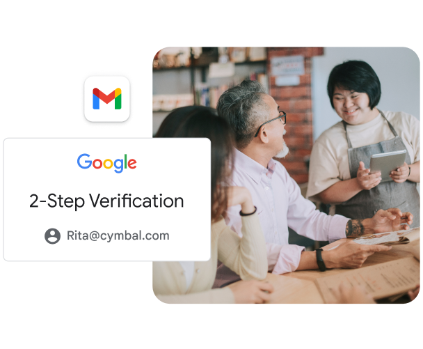 A couple in a café ordering from a waiter using a tablet. The image is bordered by a Gmail icon and a 2-Step Verification alert.