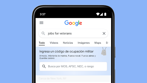 Un teléfono móvil mostrando la barra de búsqueda de Google con la función para encontrar trabajos con un código de ocupación militar