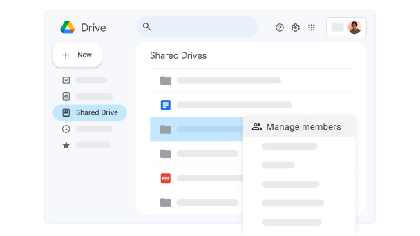 Giao diện người dùng của Google Drive, trong đó cho thấy một tệp trong bộ nhớ dùng chung được chọn để "Quản lý thành viên". 
