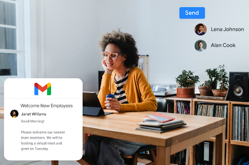 Žena kontrolující na tabletu Gmail s e-mailem „Přivítání nových zaměstnanců“
