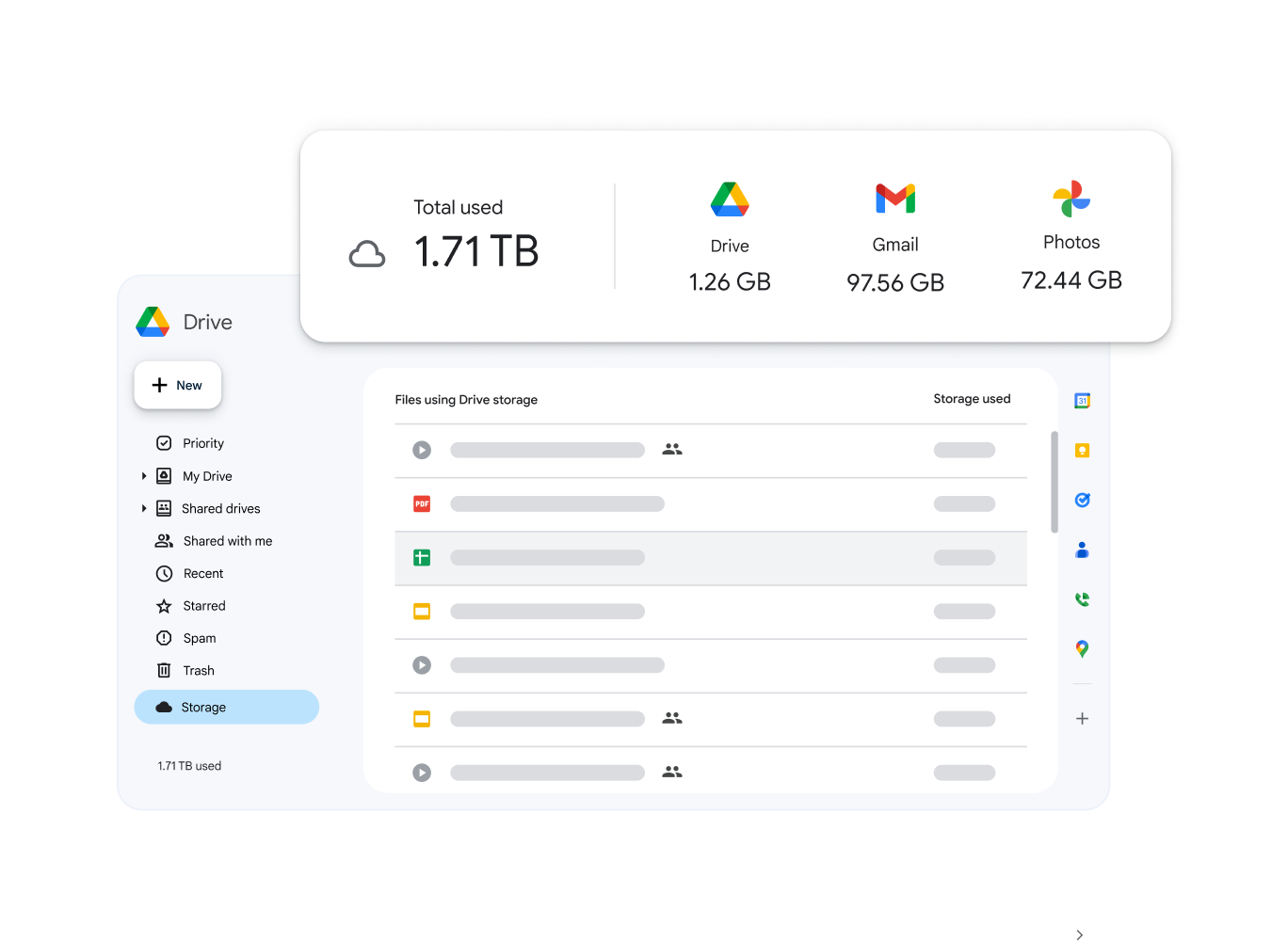 نسخة ذات أنماط معيّنة لواجهة مساحة التخزين في Drive، تظهر فوقها بيانات التخزين لكل من Drive وGmail و"صور Google"