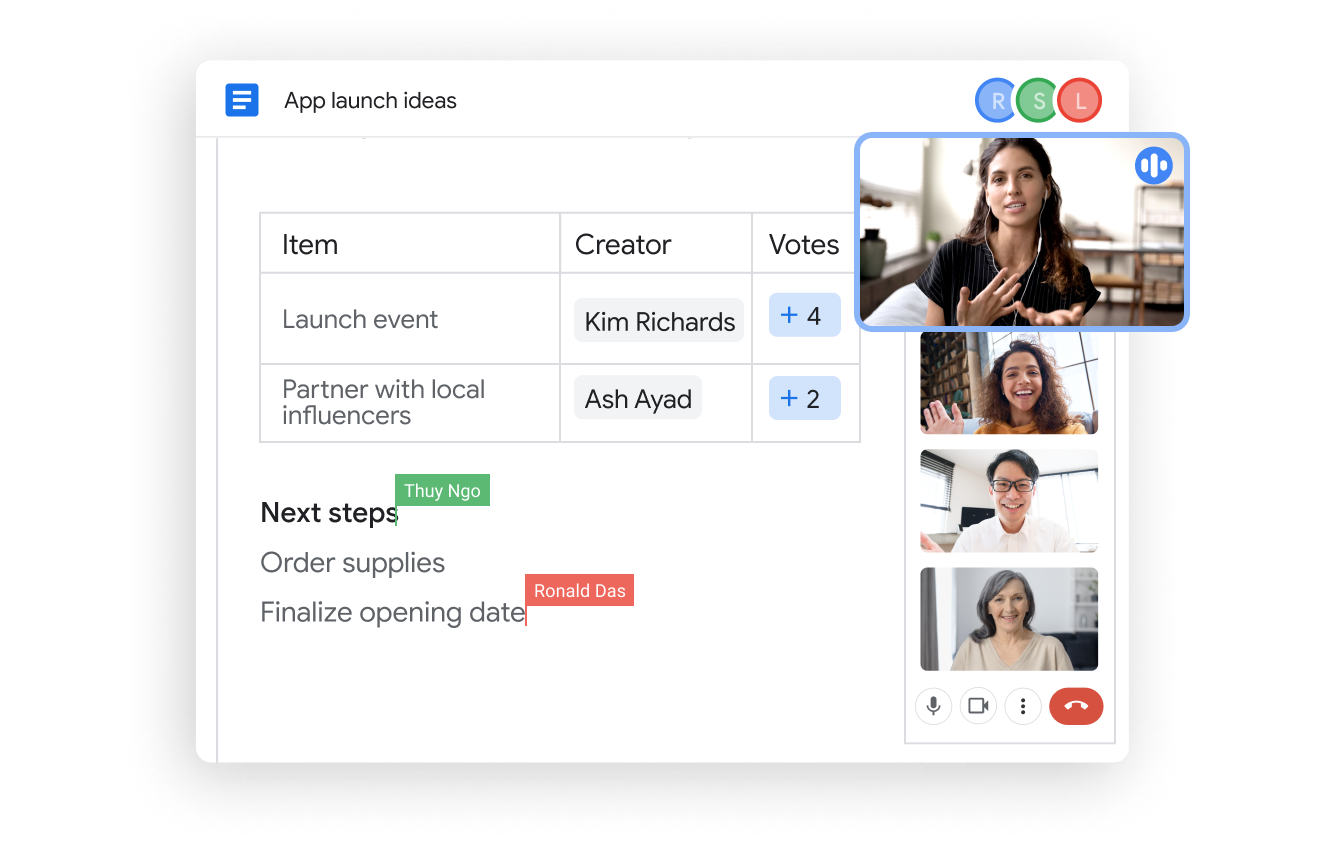 UI-et for Dokumenter og Meet i Google Workspace hjelper et team med å få mer gjort