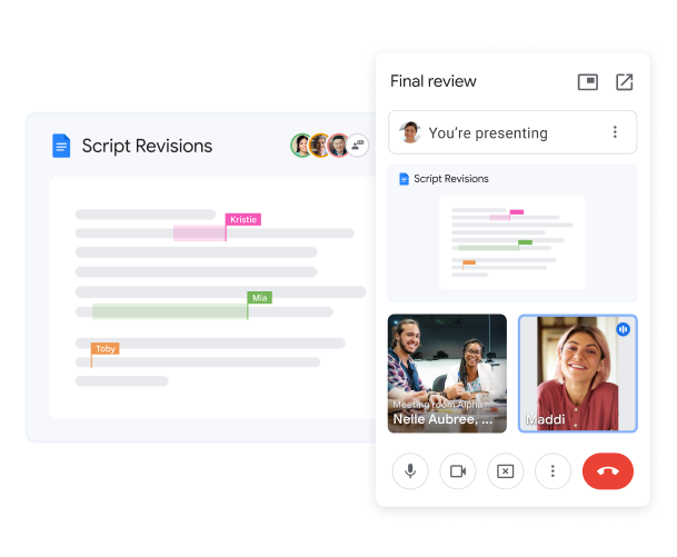 Trois utilisateurs participant à un appel Google Meet et collaborant en temps réel sur un document Google.