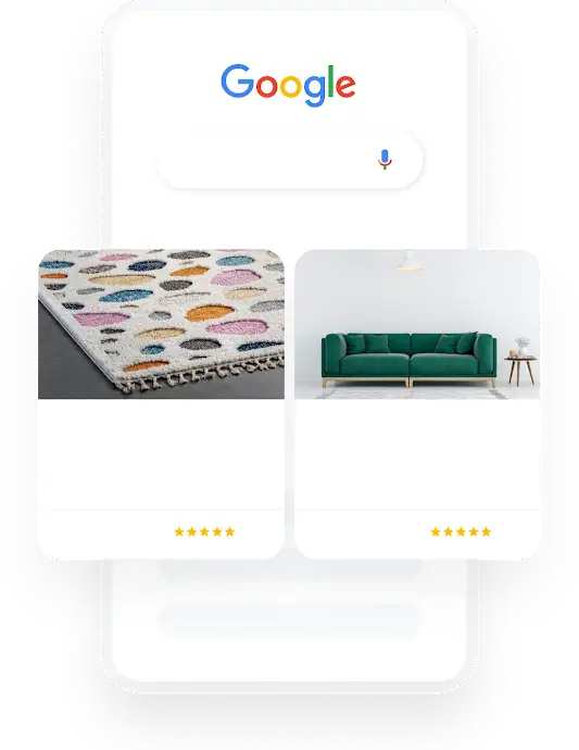Obrázek telefonu ukazující vyhledávací dotaz na Googlu týkající se vybavení domova, u kterého se zobrazují dvě relevantní reklamy v Nákupech