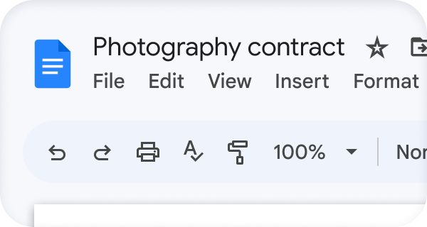 Dokumen Google berjudul "Photography contract" 