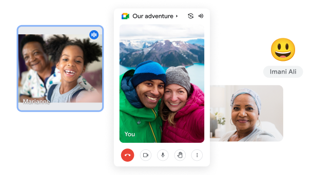 مكالمة فيديو في Google Meet يظهر فيها شخصان أمام منظر طبيعي خلاب في الجبال ويتحدثان مع الآخرين. 