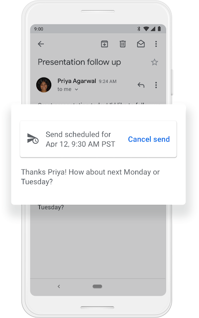 A Google phone screen that shows a quick email response and a scheduled date when it will be sent.