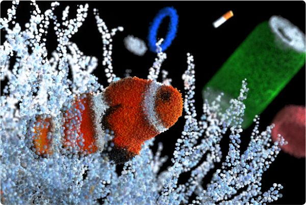 A scene where the objects are made of small loose particles that depict a clownfish coming out of a reef with pollutive trash peeking from behind the reef