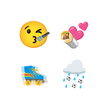 Four new emojis. A smiley face, winking while posing with puckered lips and a microphone. A half-wrapped burrito with two hearts behind it. A colorful rolling skate in motion. A storm cloud with rain and soccer balls falling from it.