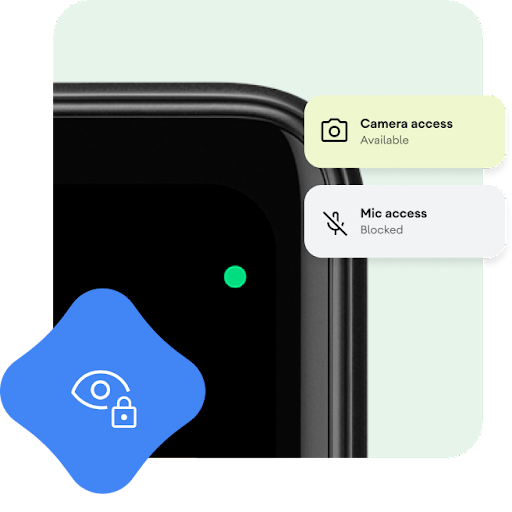 Eine Nahaufnahme des oberen rechten Teils eines Android-Smartphones mit einem grünen Punkt in der Ecke des Displays. Ein grafisches Overlay zeigt an, dass der Zugriff auf die Kamera verfügbar ist, der Mikrofonzugriff jedoch gesperrt ist. Außerdem ist ein Symbol eines Auges mit Schloss-Symbol sichtbar.