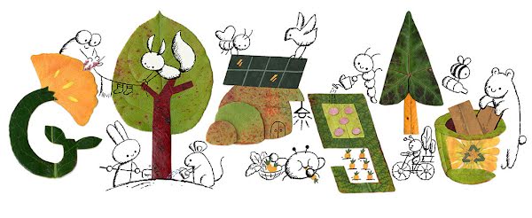 An assortment of scenes of animals taking action against climate change. The scenes form the Google logo, which is made of real leaves. The letter G looks like a flower and features a frog and rabbit hanging a clothesline to air dry clothes. The first letter O is represented by a tree. A rabbit and mouse are at the base of the tree, watering and tending to the tree. The second letter O is a house. A bee and bird are working together to set up solar panels on top of the house. The letter G is a community garden. A caterpillar is tending to the garden while a crab eats a carrot from the garden. The letter L is a tree. At the base of the tree, a caterpillar rides a bike. The letter e is a recycling bin. A bear and a bee are filling the bin up with recyclable items.