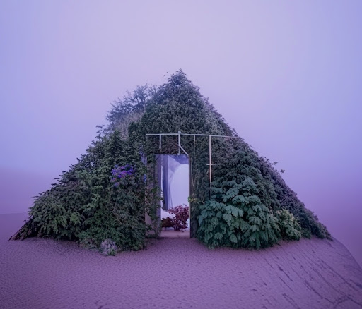 Una casa con fondo violeta