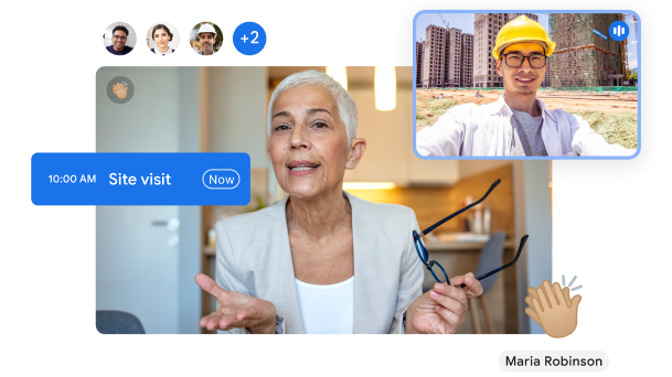 Un appel vidéo Google Meet entre une femme dans un bureau et un travailleur sur un chantier de construction.