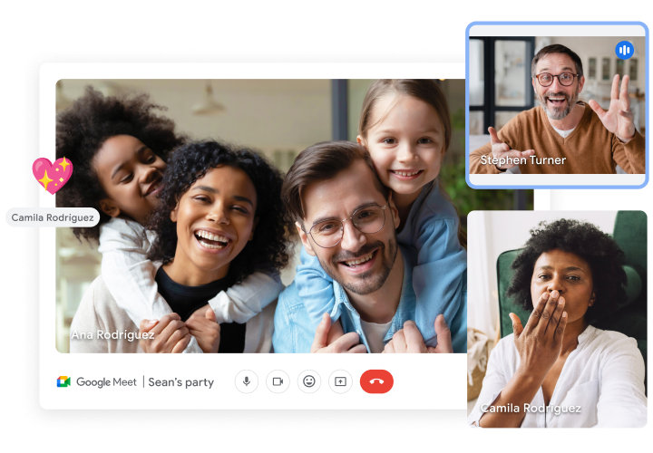 שלושה חלונות של שיחות וידאו ב-Google Meet שמוצגים בהם משתתפים במסיבה וירטואלית. 
