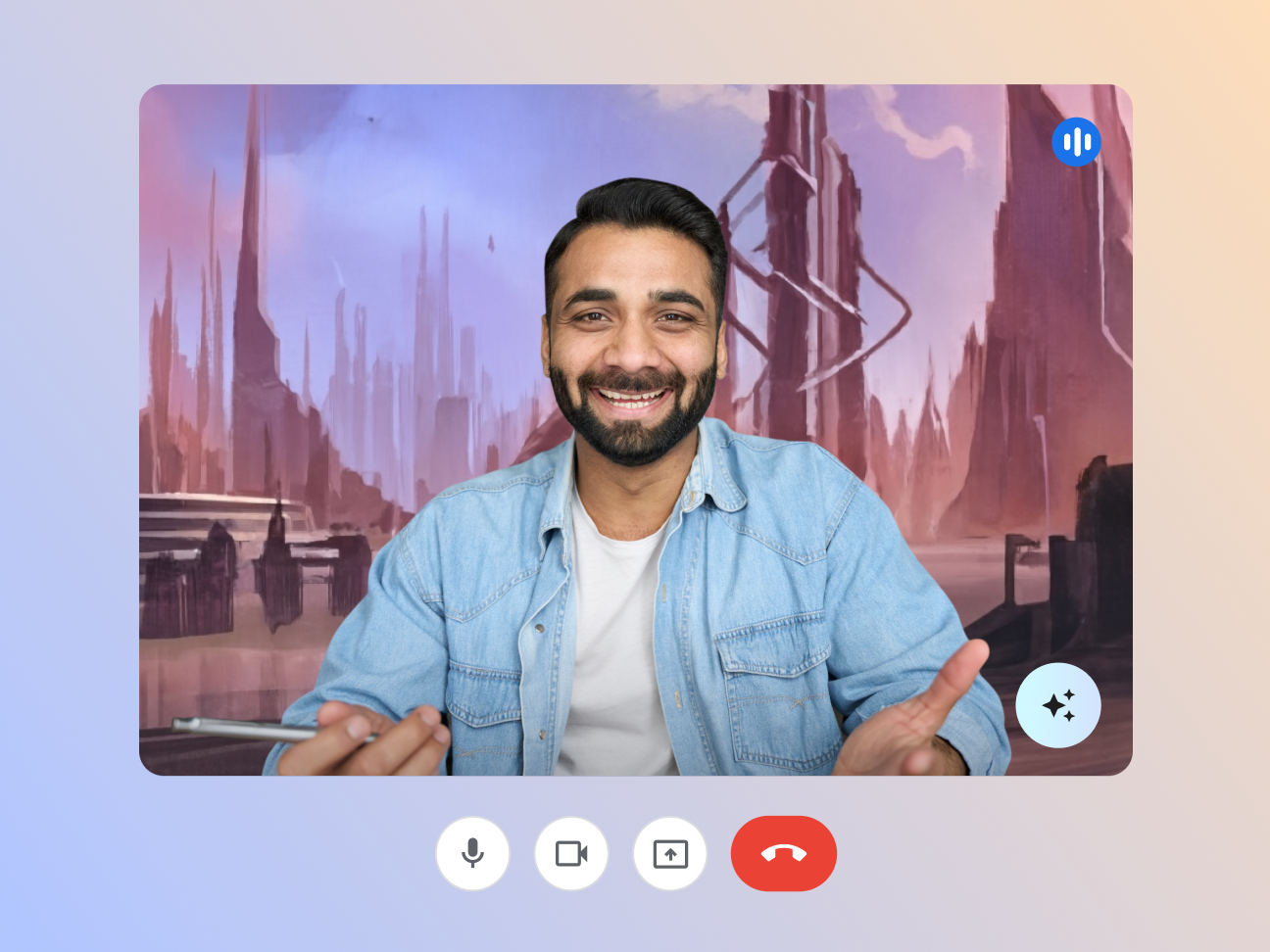 Sharp image of man smiling on a Google Meet call with Gemini's soft lighting feature applied.