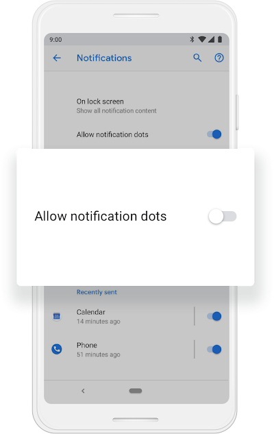 A Google phone screen that shows the "Allow notification dots" being turned off.