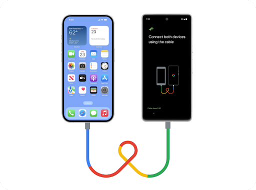 An iPhone and a brand-new Android phone sit side by side, connected by a Lightning USB cord. Data is transferring easily from the iPhone to the new Android phone.