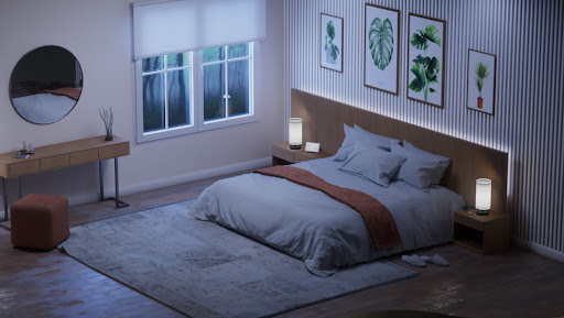 A bedroom scene at night featuring a variety of lighting options.