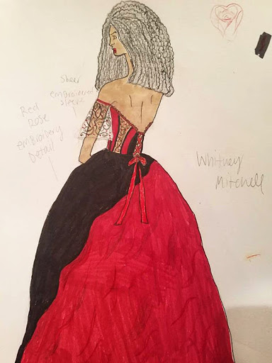 Bosquejo de moda de la parte posterior de un vestido de fiesta negro y rojo con un corsé de lazo. Hay notas a lápiz esparcidas por el dibujo.