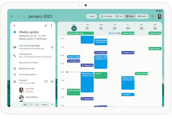Google Calendar is shown on an Android tablet.