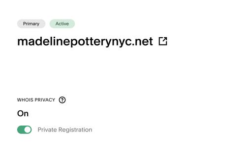WHOIS privacy and registration status in the Squarespace Domains settings panel.