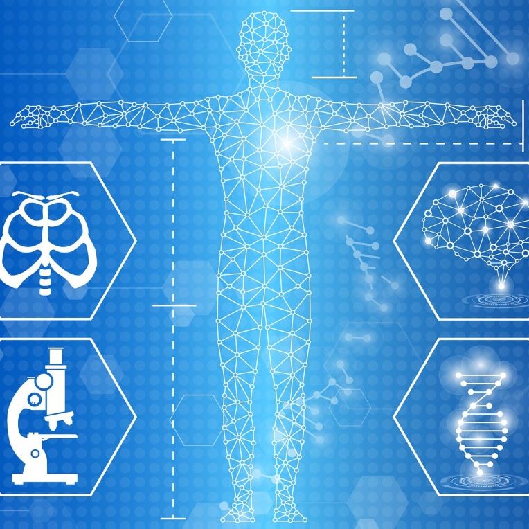 Abstract background technology concept in blue light, human body surrounded by icons for molecules, medications, microscope, body structure, brain, DNA, technology, and atoms all representing human resilience factors