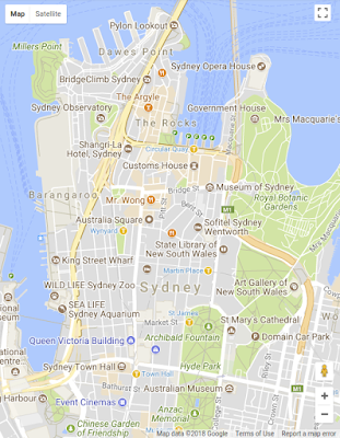 Map of Sydney with old styles, pins and colors. 
